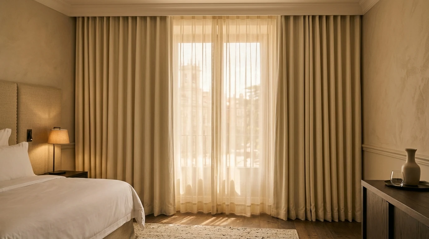 Double-layer curtains in heavy linen and translucent sheer in a boutique hotel room with diffuse natural light
