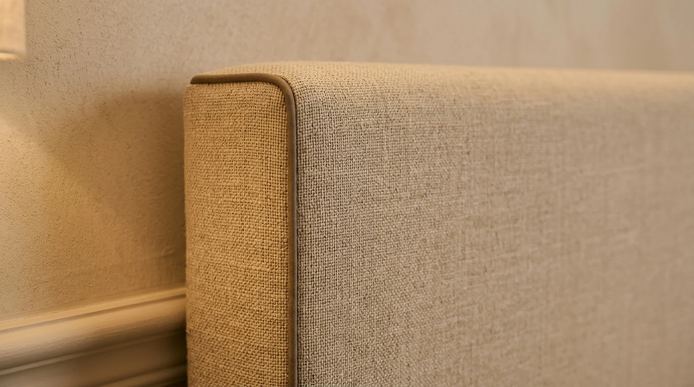 Detail of stitching and finish on sand-toned contract linen fabric with contrast-thread cotton seams