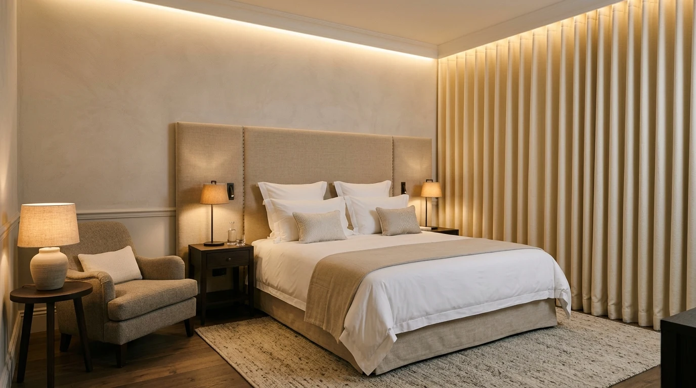 Detail of contract linen upholstery and heavy-cloth curtains in a contemporary neoclassical boutique hotel room