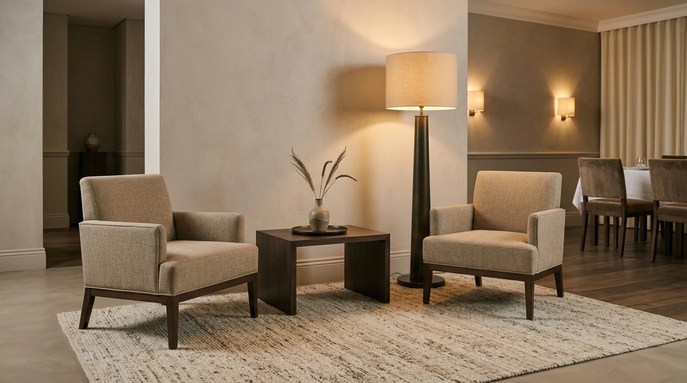 Armchair upholstered in sand-toned contract linen in a boutique hotel lobby with warm indirect lighting