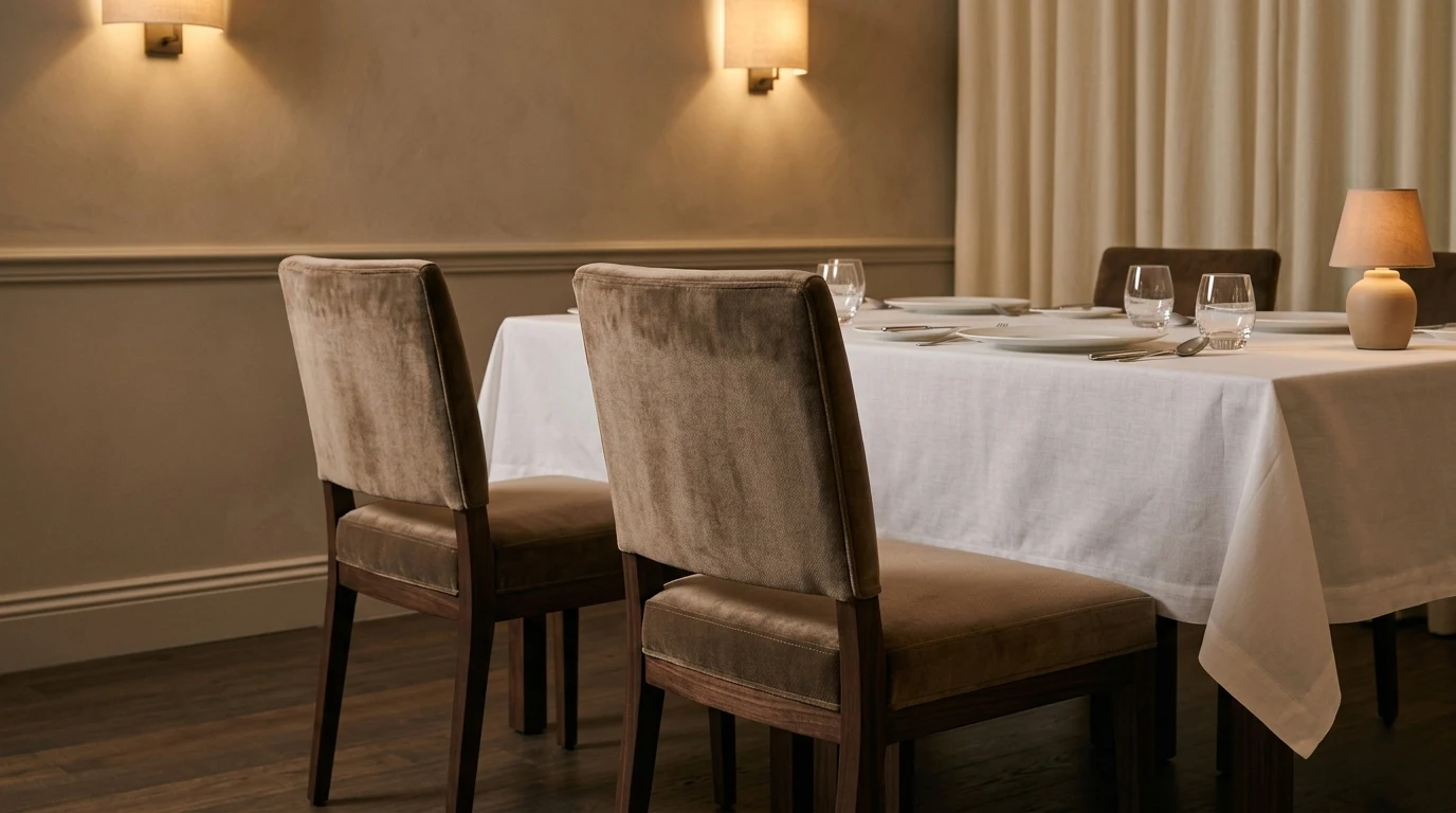 Dining chair upholstered in taupe contract velvet in a luxury boutique hotel restaurant