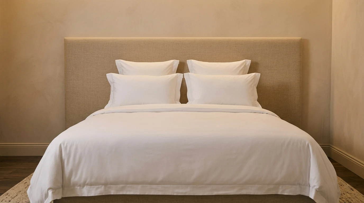 Bed in a boutique hotel room with combed-cotton bed linen, pillows of varying sizes and a high-weight duvet cover