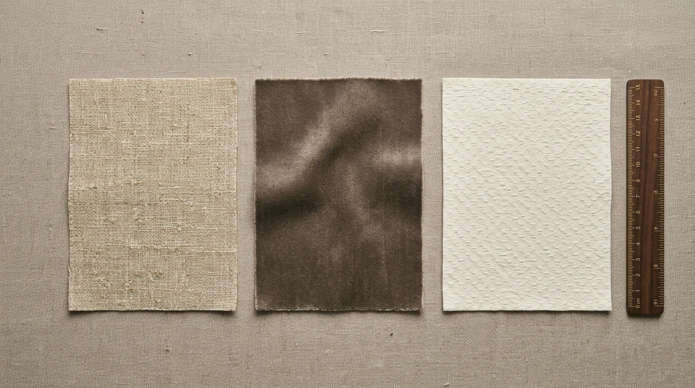 Detail of contract fabrics in natural linen, velvet and jacquard on a hotel project specification table