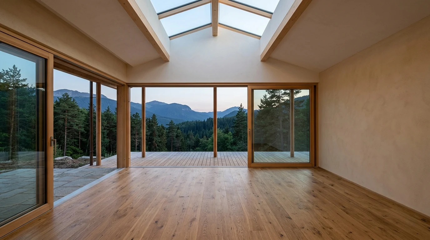 Yoga room in a remote villa with natural zenithal light, oak timber floor and garden opening