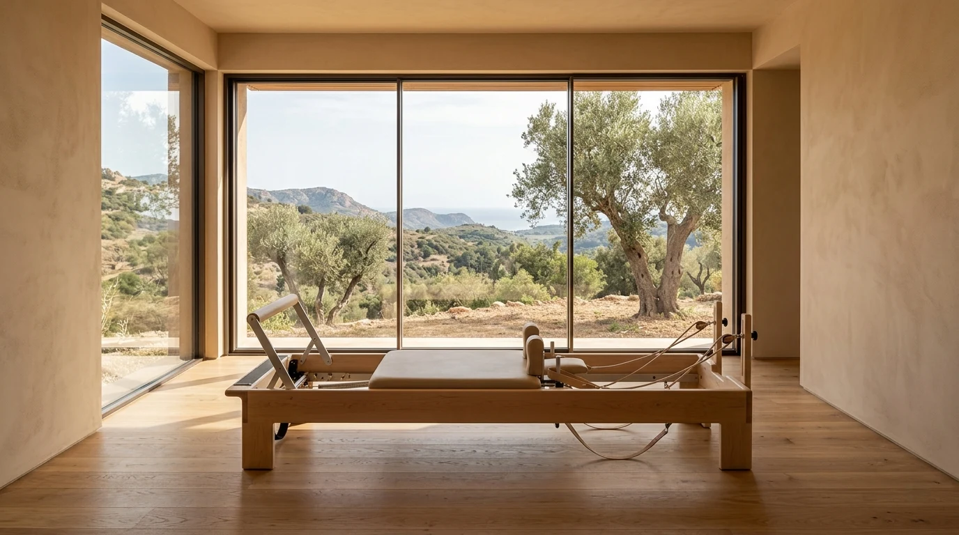 Pilates reformer in a remote villa with lateral natural light, timber floor and exterior landscape views