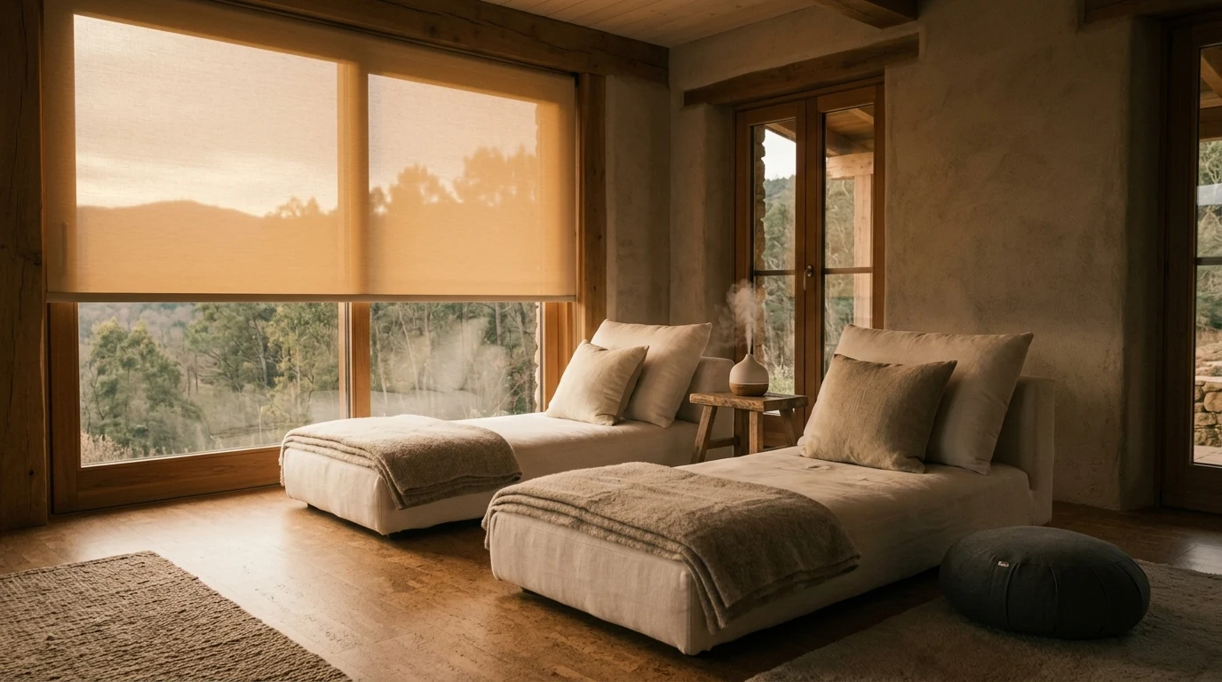 Recovery zone in a remote villa with dimmed light, linen loungers, controlled darkness and natural materials