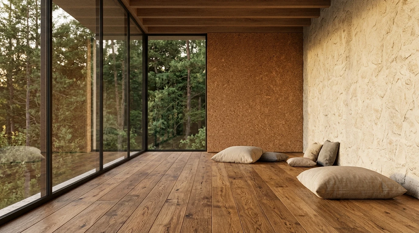 Conscious movement space in a remote villa with full opening to the natural landscape, timber floor and zenithal light