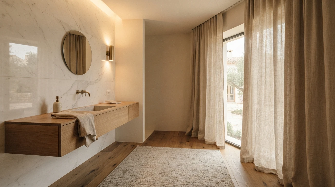 Interior de villa de lujo con mármol en baño, suelo de madera de roble y textiles de lino natural sin tendencias datadas