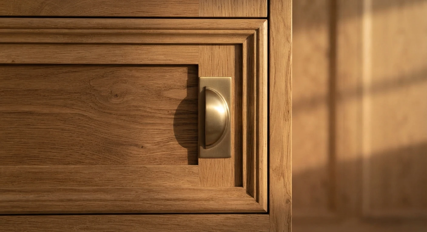 Detalle de carpintería a medida en roble macizo con moldura discreta y proporciones clásicas sin ornamento datado