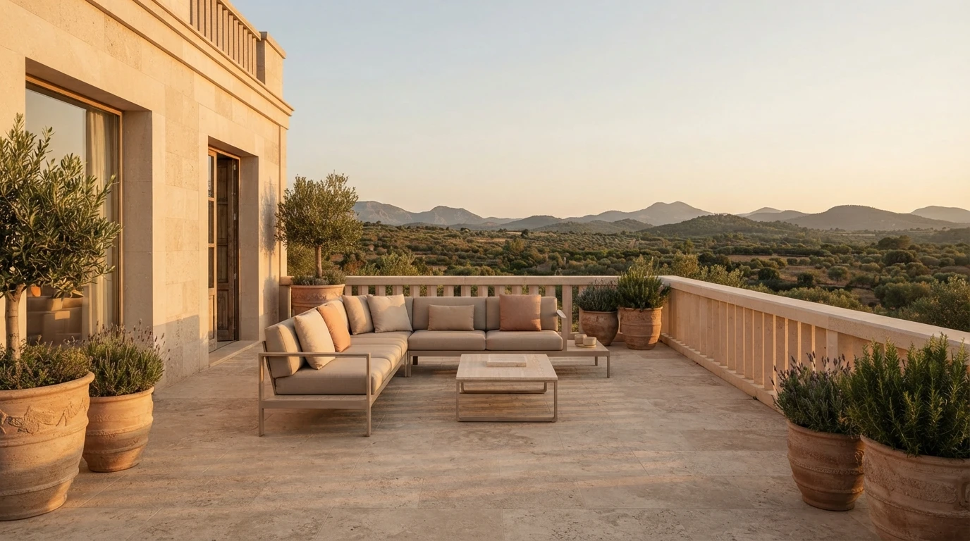 Terraza de villa de autor en España con proporciones clásicas, mobiliario de exterior noble y conexión al paisaje natural sin elementos de tendencia datados