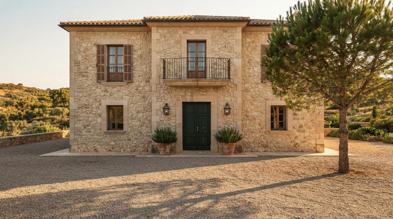 Villa de autor en España con fachada de piedra natural, puerta central y acceso en grava enmarcado por un pino