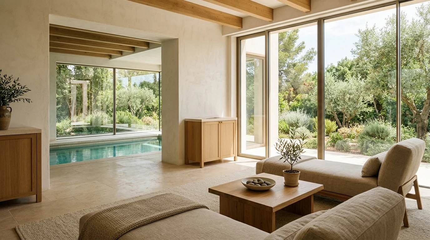 Private wellness space in a luxury villa with natural light, noble materials and garden connection