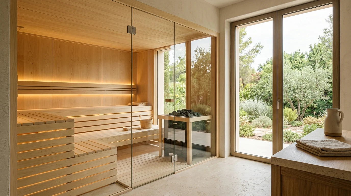 Private Finnish sauna in a luxury villa with birch wood, warm lighting and window to the garden