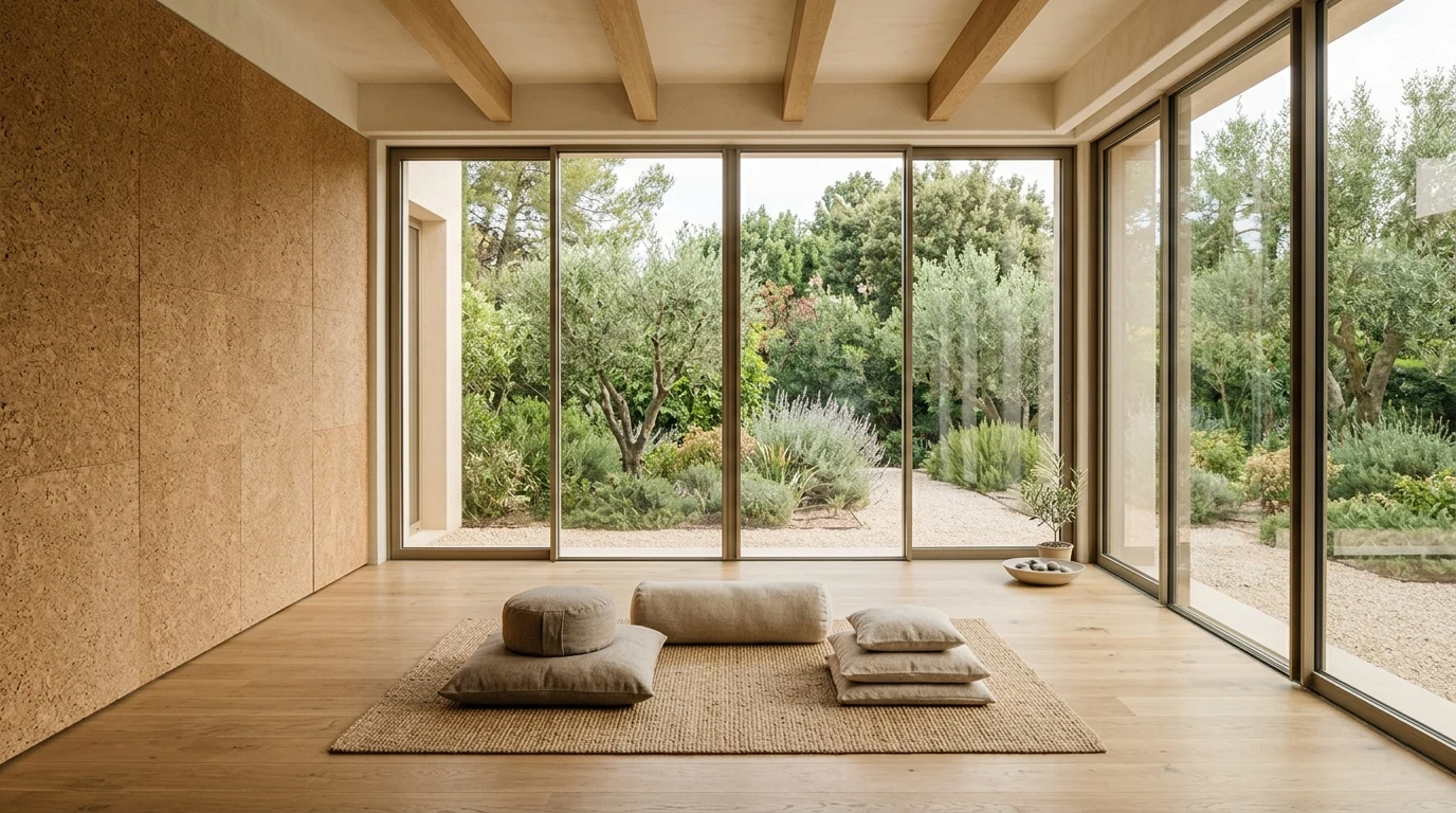 Meditation room in a luxury villa with timber floor, controlled natural light and garden connection