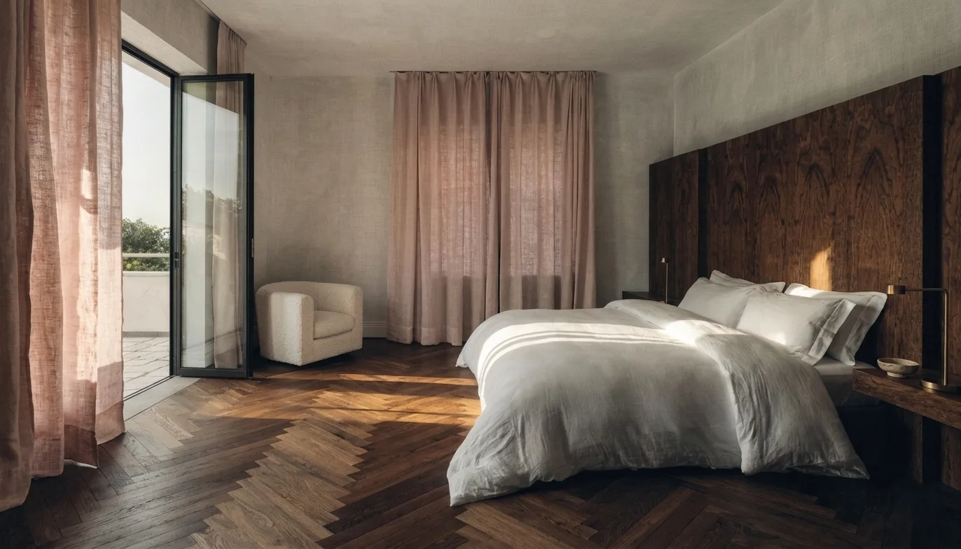 Dormitorio principal neoclásico en villa privada — Véline Interiors