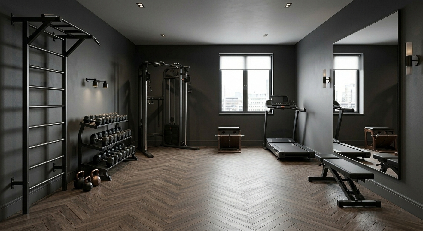 Gimnasio de hotel diseñado por Véline Interiors — equipamiento integrado