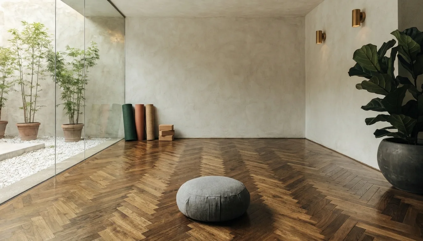 Sala de yoga neoclásica diseñada por Véline Interiors — suelo de madera y luz natural